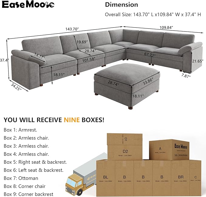 EASE MOOSE Oversized Sectional Modular Sofa, Modern Comfort L Shape Sectional
