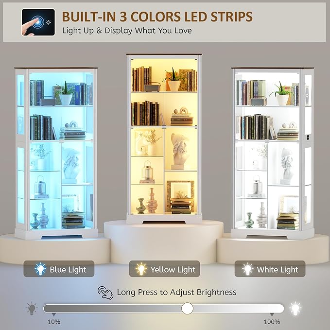 71” Display Cabinet with Glass Doors, Modern Curio Cabinet with 3 Color Lights