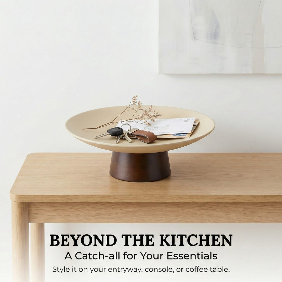 COSYOO Modern Ceramic Pedestal Fruit Bowl, High-Fired Stoneware Shallow Serving Bowl with Wooden Base, Elevated Decorative Fruit Tray for Kitchen Counter Entryway Table Dining Centerpiece