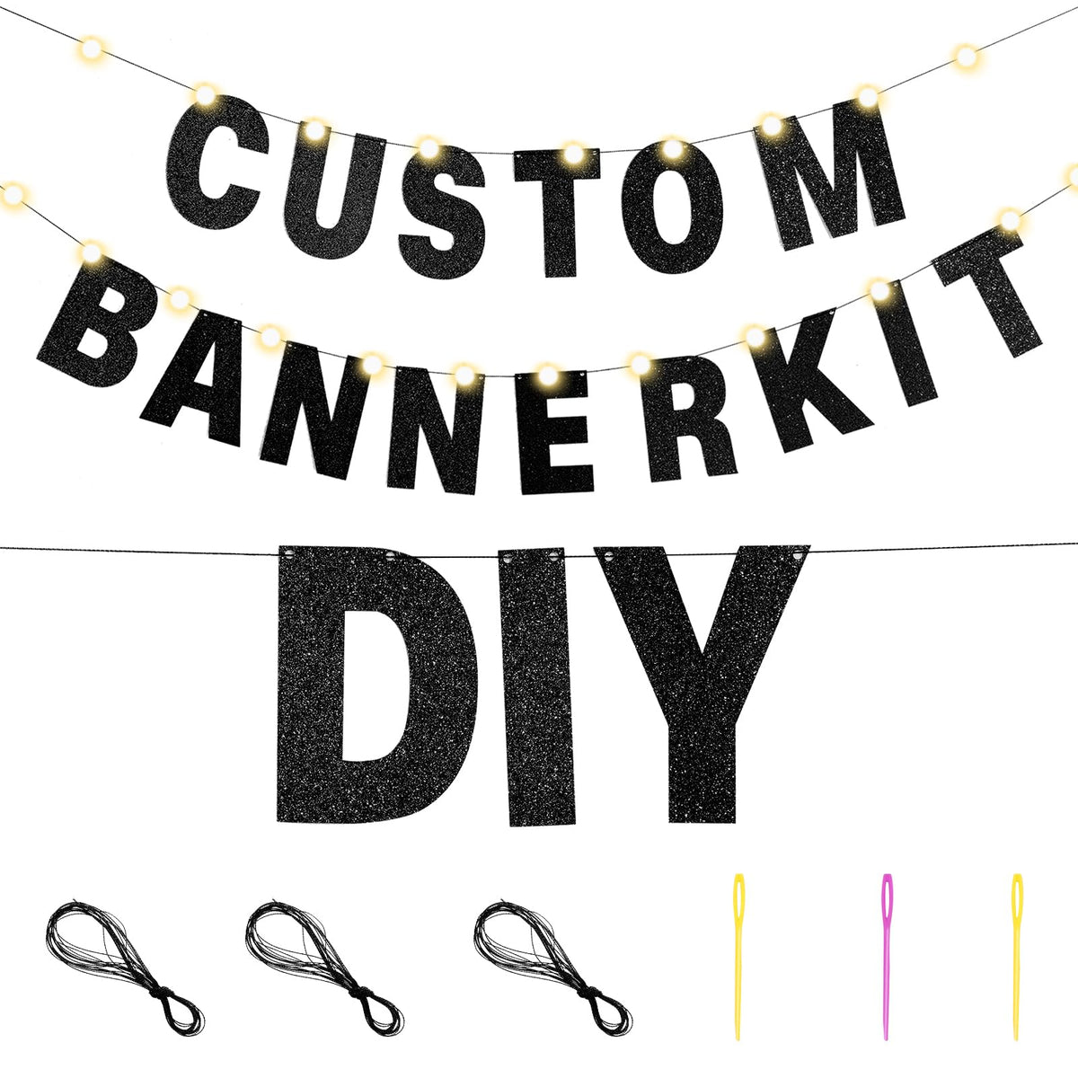 TaoBary 112 Pcs DIY Letter Kit Glitter Customizable Banner Letters Include 107 Letters and Numbers 3 Rope and 2 Needles for Birthday Halloween Christmas Wedding Valentine Party Decor(Black)