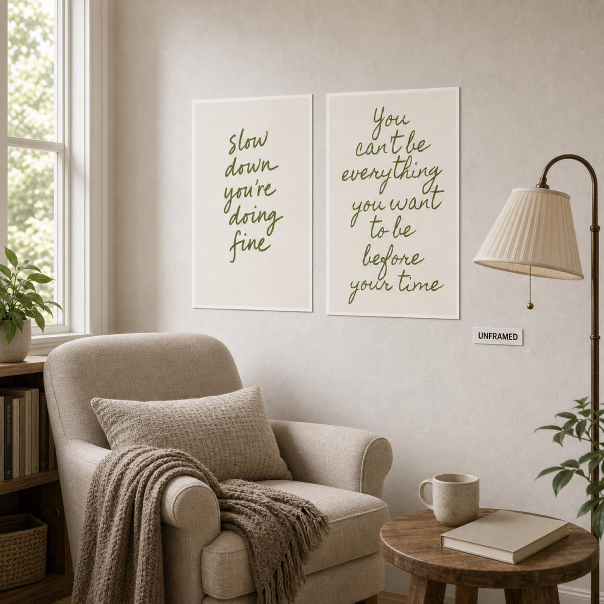 Slow Down & You Can't Be Everything Quote Wall Art Set of 2 Modern Minimalist Sage Green Neutral Tone Inspirational Wall Decor for Living Room Bedroom Office Calming Mindfulness Art 16x24 Inch Unframed