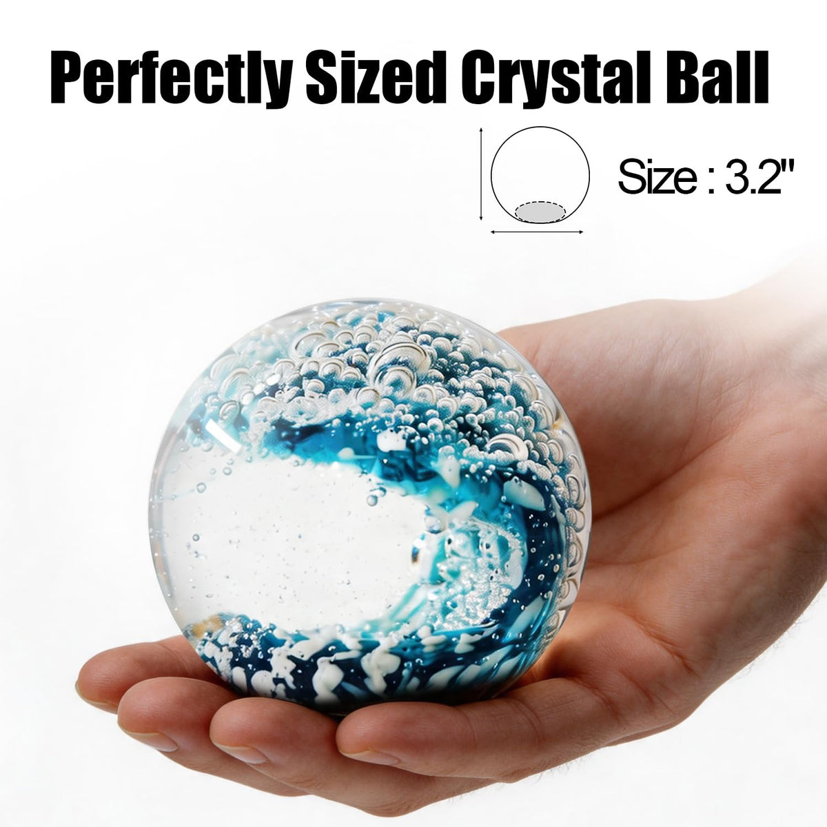 KWASVLYA Hand Blown Ocean Wave Crystal Ball Blue Crystal Art Decorative Sphere Paperweight for Desk Decor, Stress Relief Gift for Ocean Lovers & Women