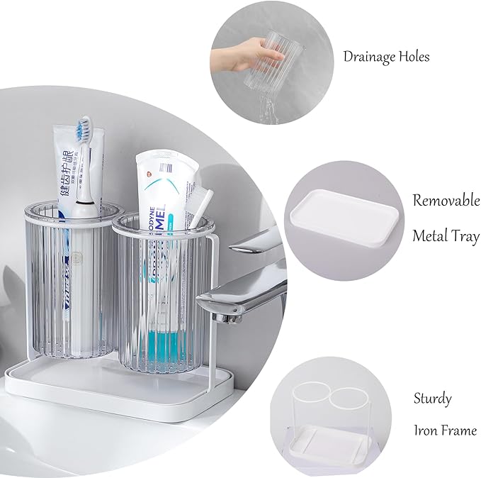 Toothbrush Holders with Drain Tray, 2 Slots Hanging Toothbrush and Toothpaste