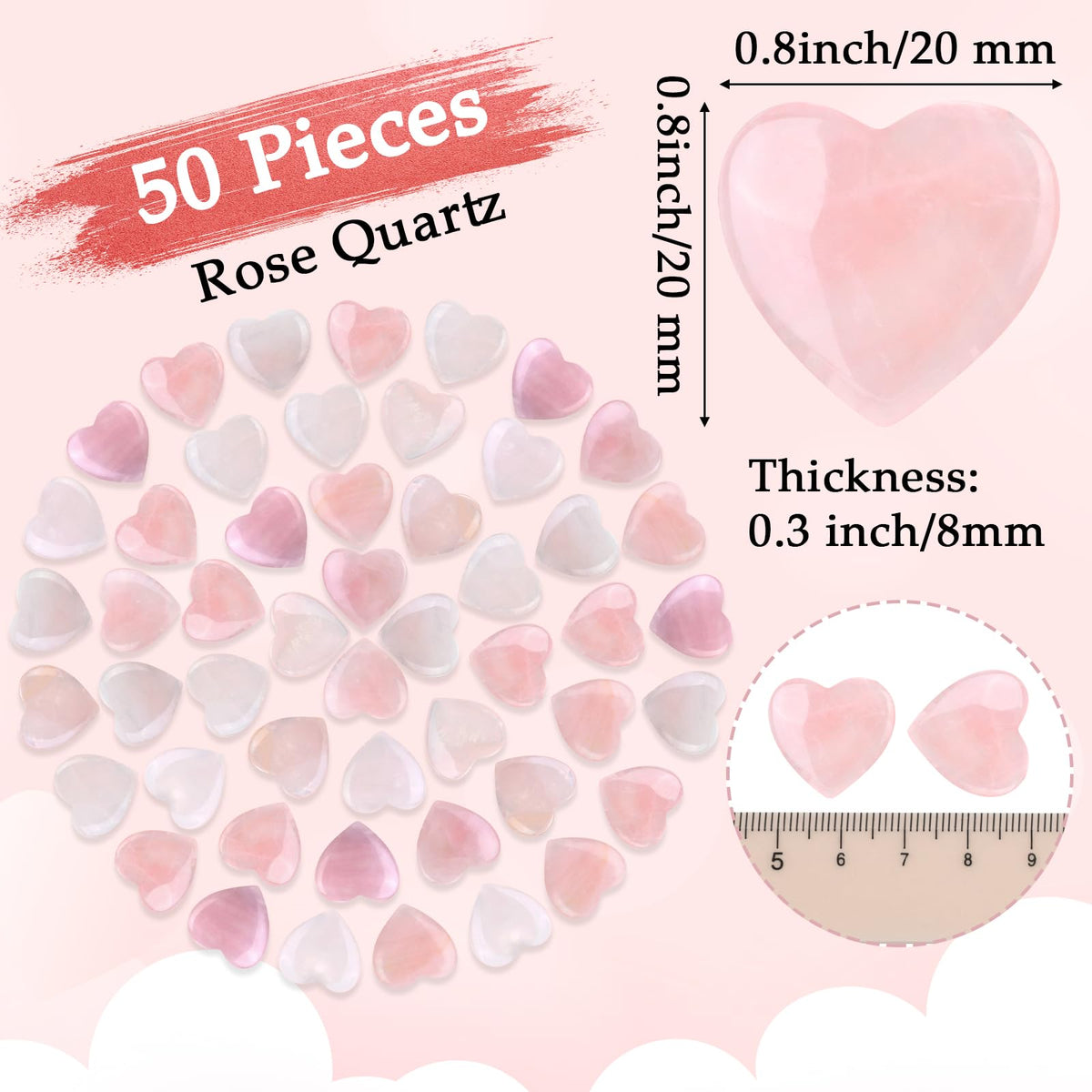 Gerrii 50 Pcs Heart Healing Stone Bulk Quartz Heart Inspirational Stones Gift for Women Love Pocket Polished Natural Energy Balancing Meditation 0.8 Inch(Rose Pink)