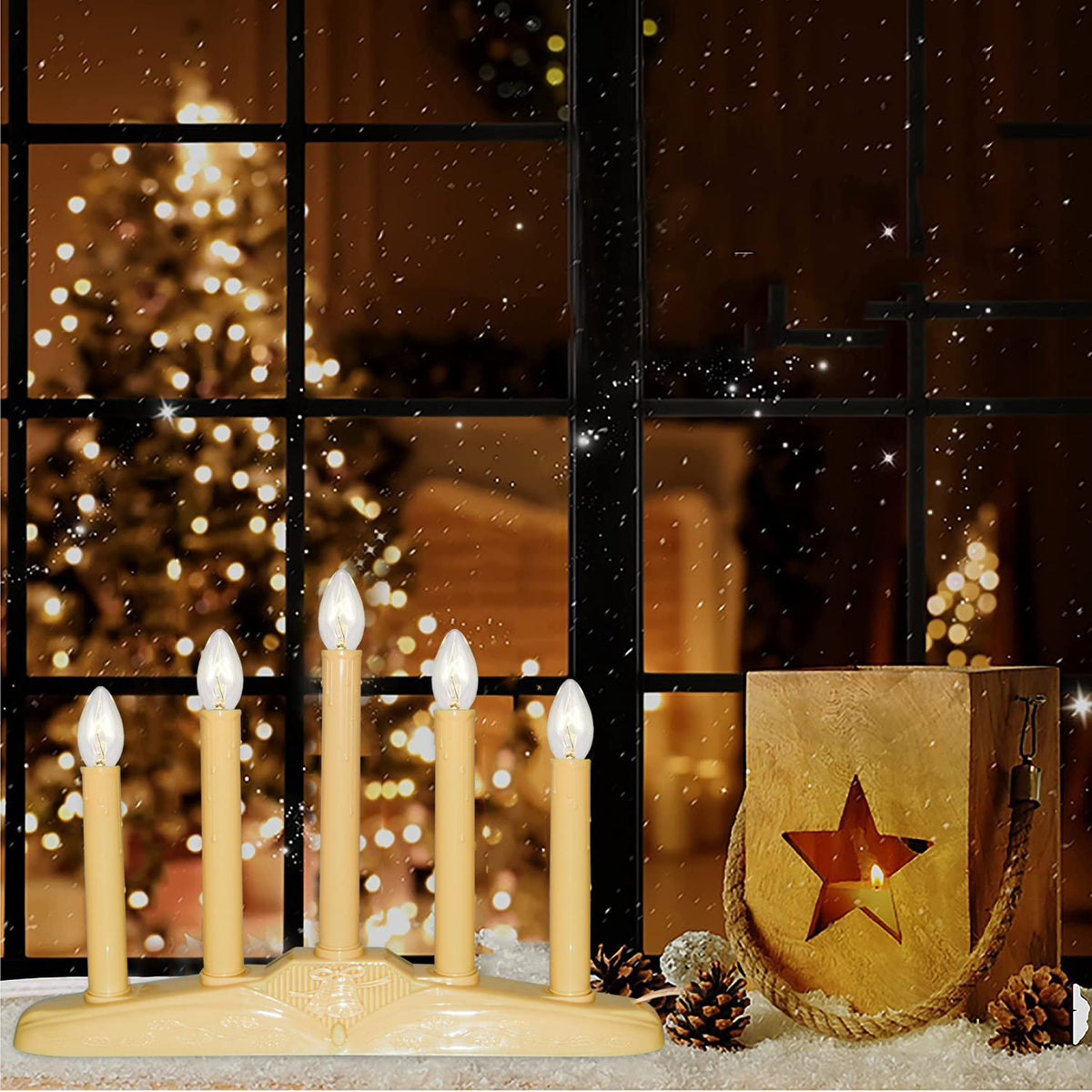 Oviejo 5 Light Window Candle Electric, Christmas Electric Candoliers with Ivory Plastic, Plug in Electric Window Candle Lamp with 6 Clear C7 Bulb (1 Spare Bulb), 5 Watt, Flameless Window Candles
