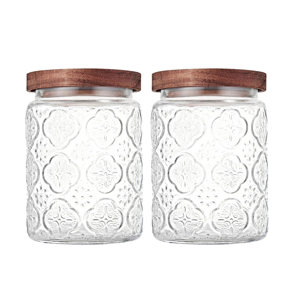 Custde Glass Storage Jars With Airtight Lid, 23.7oz Container For Kitchen Counter with Wooden Lid, brown sugar, candy, coffee, cookie, salt, tea, cute Jar (Begonia Flowers*2)