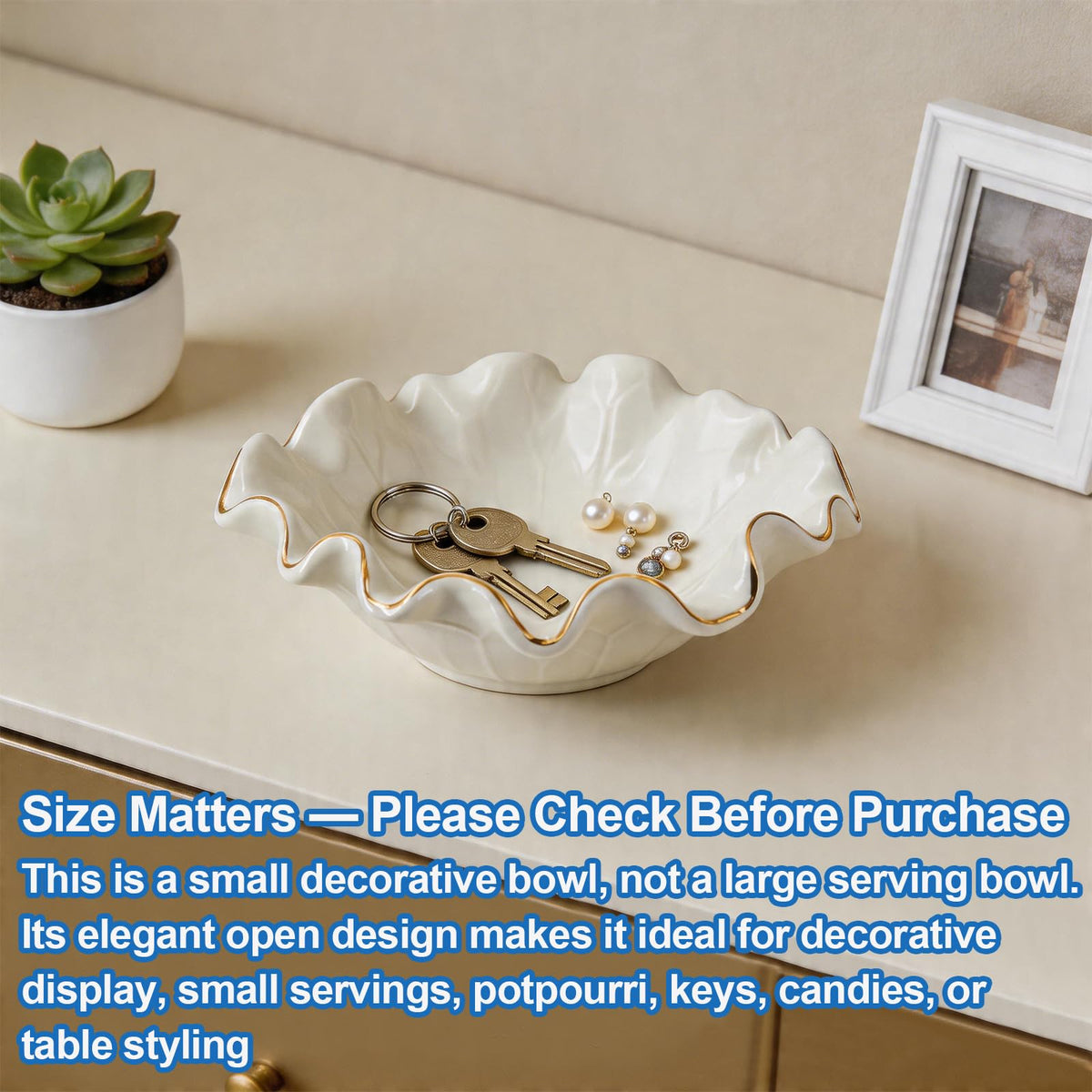 ALIWINER 8 Inch Small Lotus Ceramic Decorative Bowl, about15 oz Capacity, Modern Ruffle Lotus Leaf with Gold TrimDesign,Decorative Centerpiece for Entryway Tables, Coffee Tables,Kitchen Counters