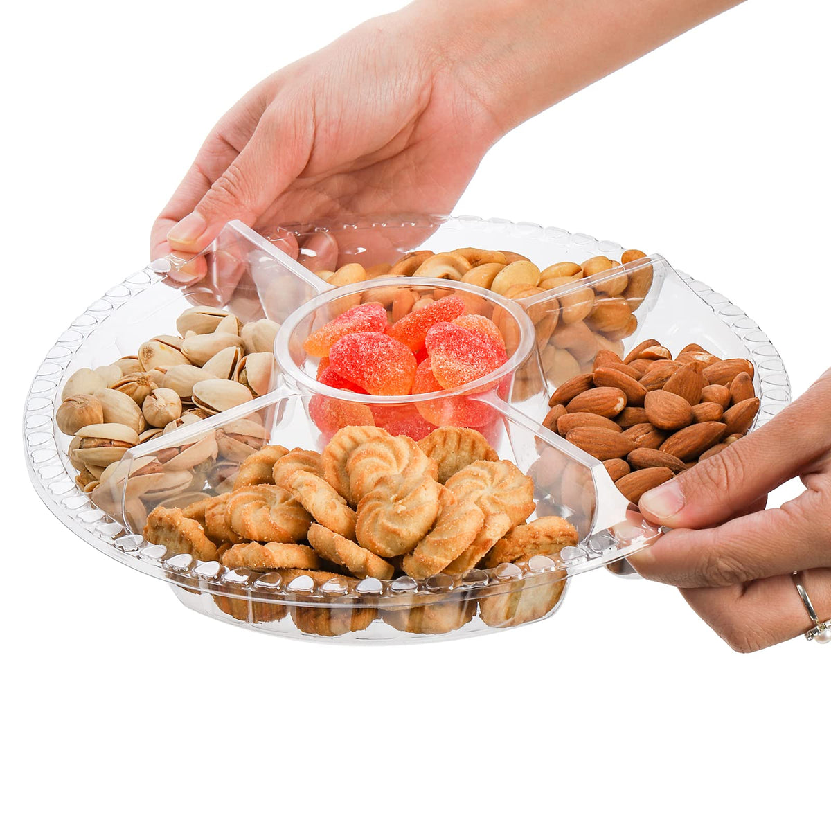 Lyellfe 30 Pack Plastic Appetizer Tray with Lid, Disposable Veggie Fruit Snack Tray with 5 Compartment, 9.5 Inch Heavy Duty Clear Round Food Container Platter for Salad, Nut, Olive, Party