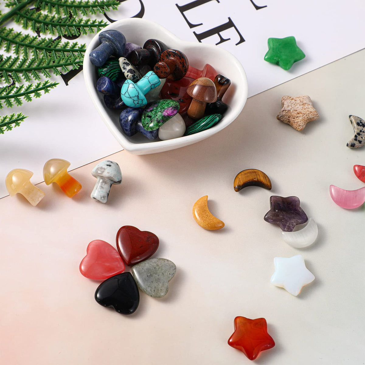 Nuenen 100 Pieces Crystal Bulk Mushroom Sculpture Valentine Heart Shaped Moon Star Crystals Stones Worry Stones Assorted Hand Making Palm Thumb Gemstones for Meditation Reiki Balancing