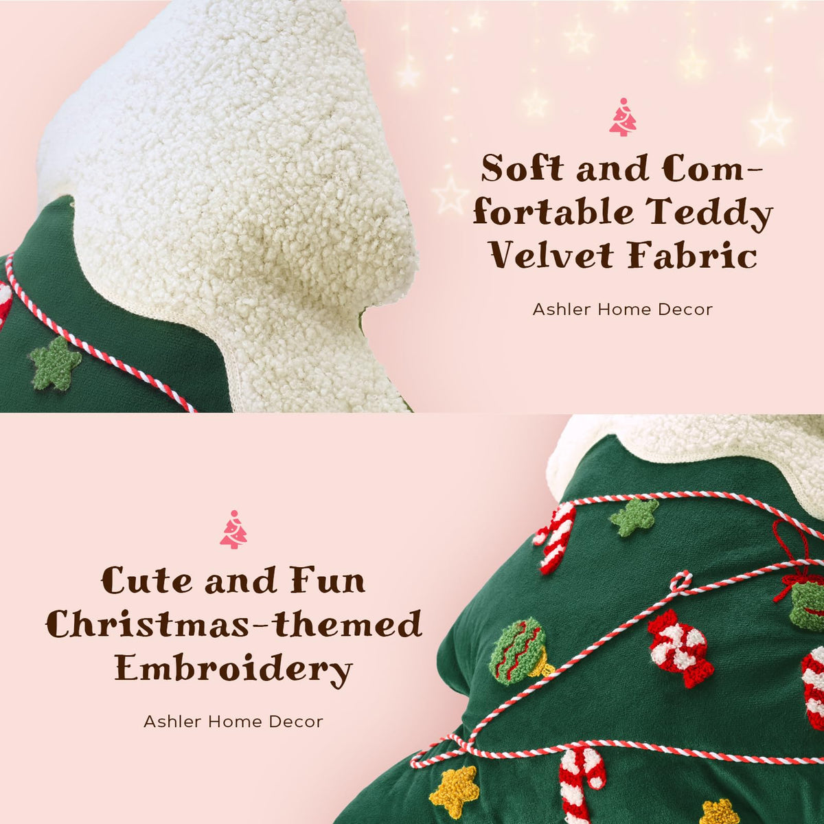 Ashler Merry Christmas Tree Shaped Pillow, Pine Tree Christmas Throw Pillow, White Teddy & Soft Velvet Xmas Decorative with Cute Embroidery, for Couch, Bedroom, Living Room, Green, 19x17 inches