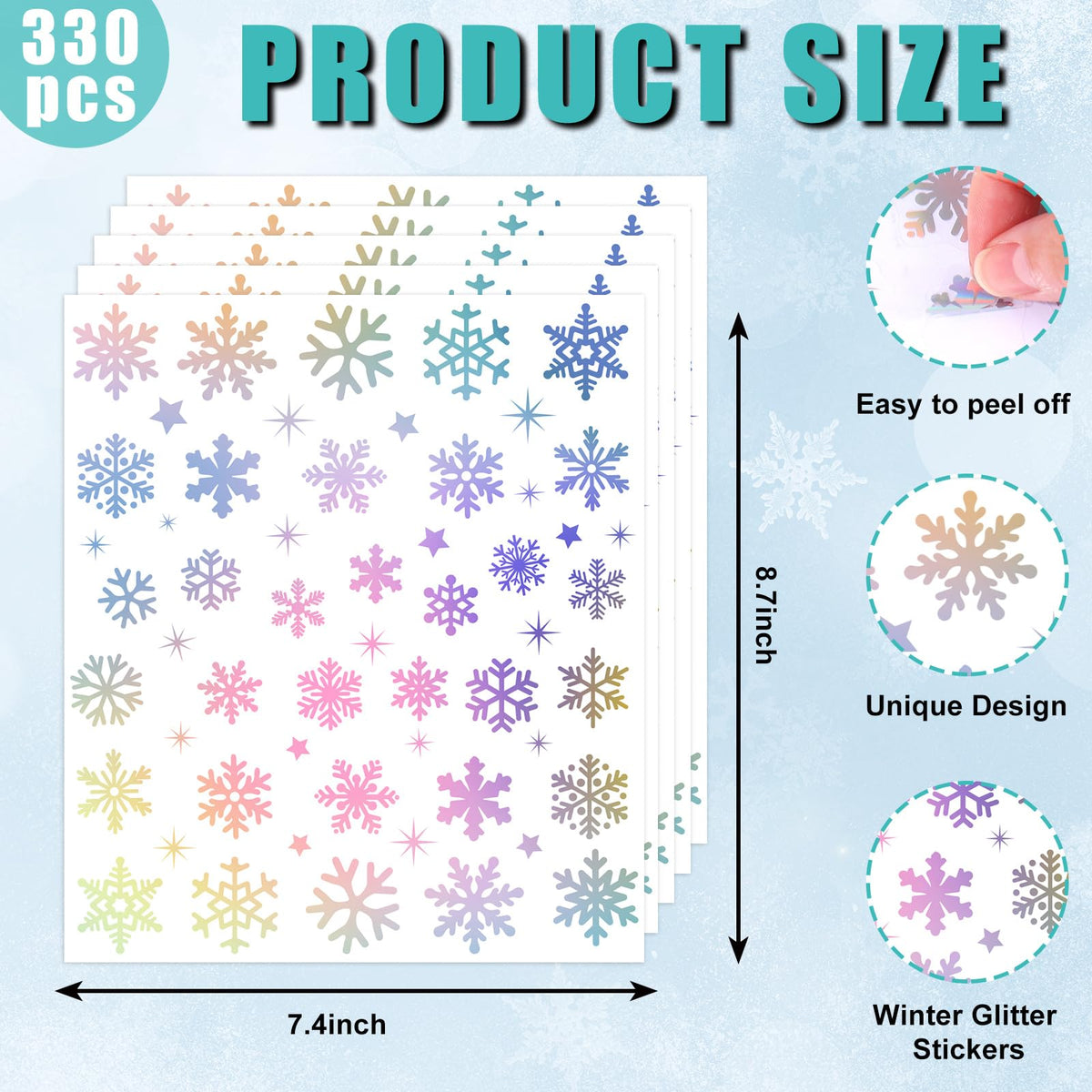 Whaline 330 Pcs Winter Christmas Stickers Holographic Snowflake Self-Adhesive Decals for Xmas Home Party DIY Crafts Supplies, 10 Sheets