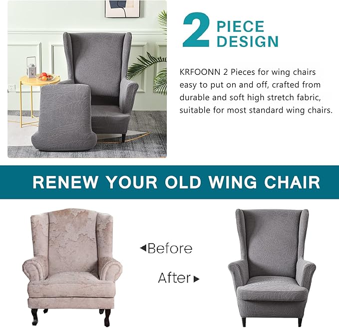 KRFOONN Stretch Wing Chair Slipcovers Jacquard 2 Piece Wingback Chair Covers