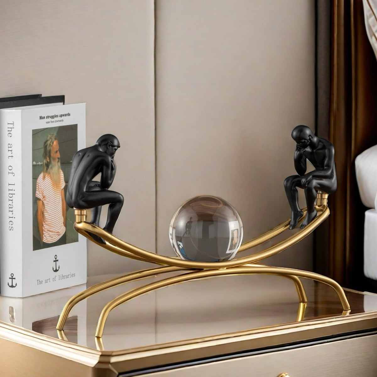 SHTWX The Thinker Thinking Man Statue with Crystal Ball Sculpture Figurine, Home Office Living Room Desktop Display Decoration