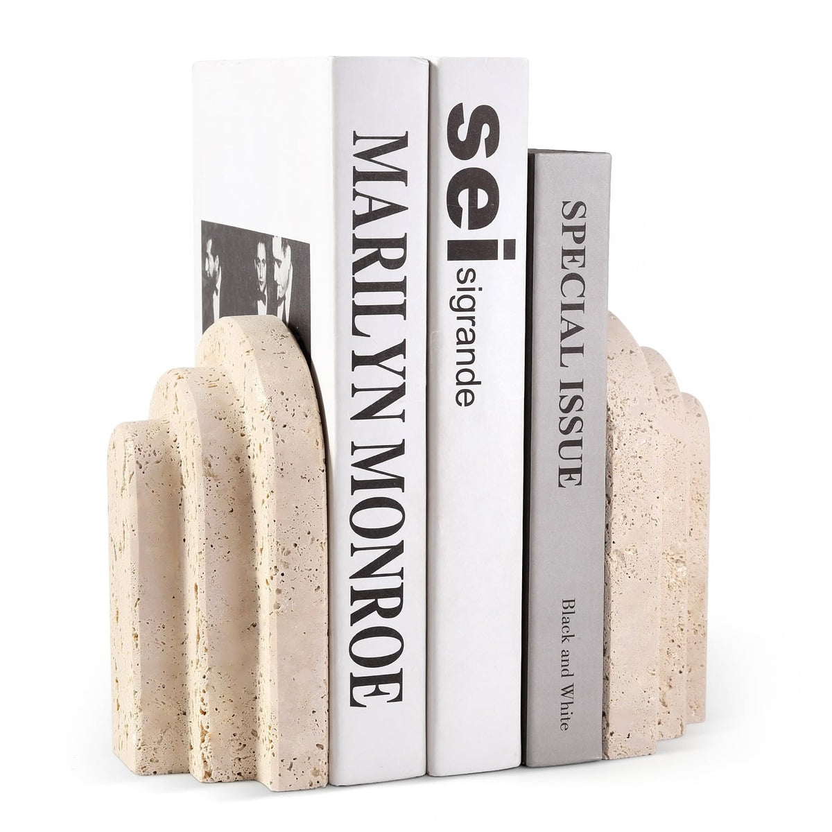 Natural Marble Book Ends - Heavy Duty Bookends for Shelves - Aesthetic Layered Arch Design Stone Book Holders, Unique Modern Office Bookshelf Stopper Decor for Books/CDs(Travertino Turkey)