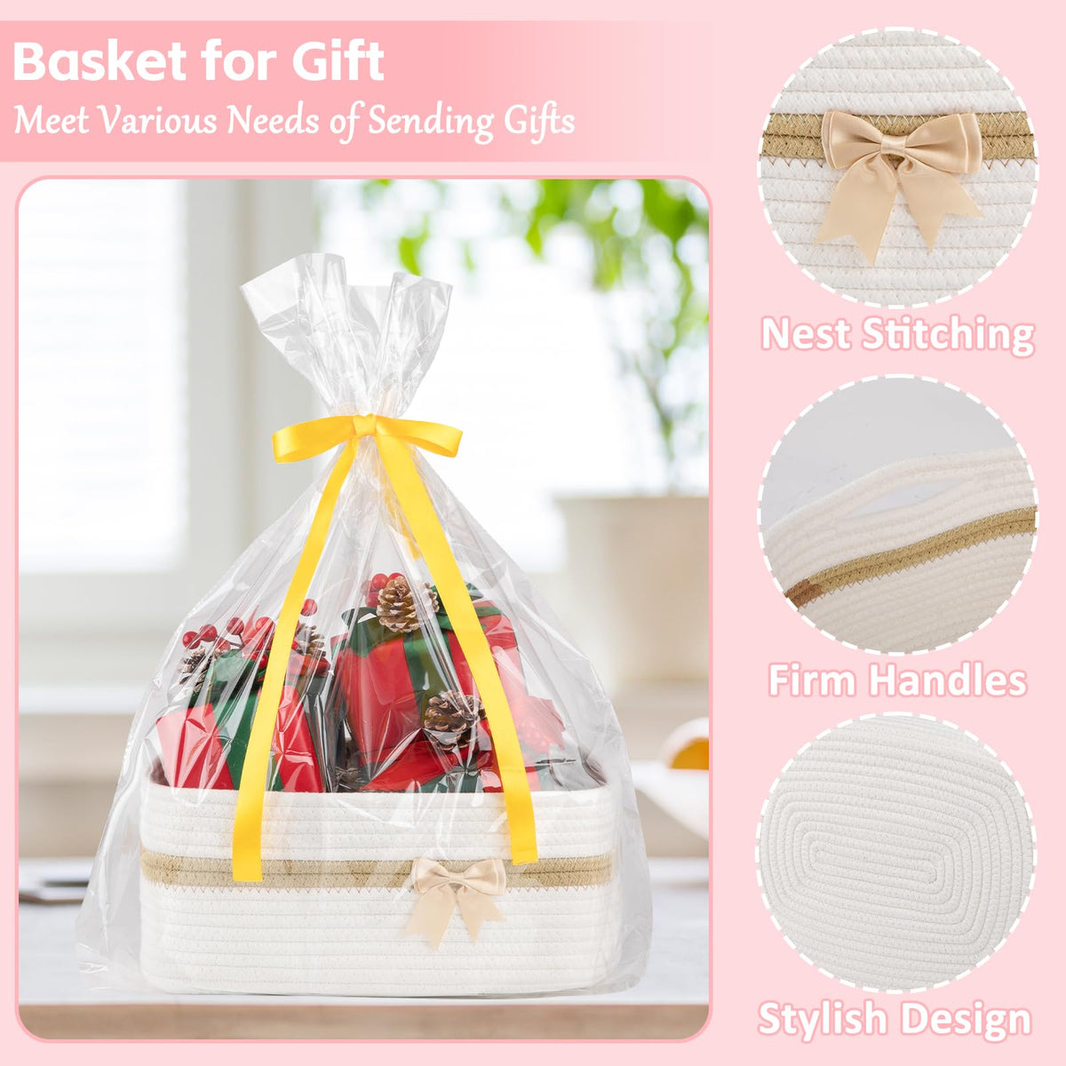 OIAHOMY Large Woven Storage Basket with Handles for Nursery Living Room Shelves, Bow Basket for Gifts Empty with Gift Bags and Ribbons for Baby Showers Pet Toy Bin - White