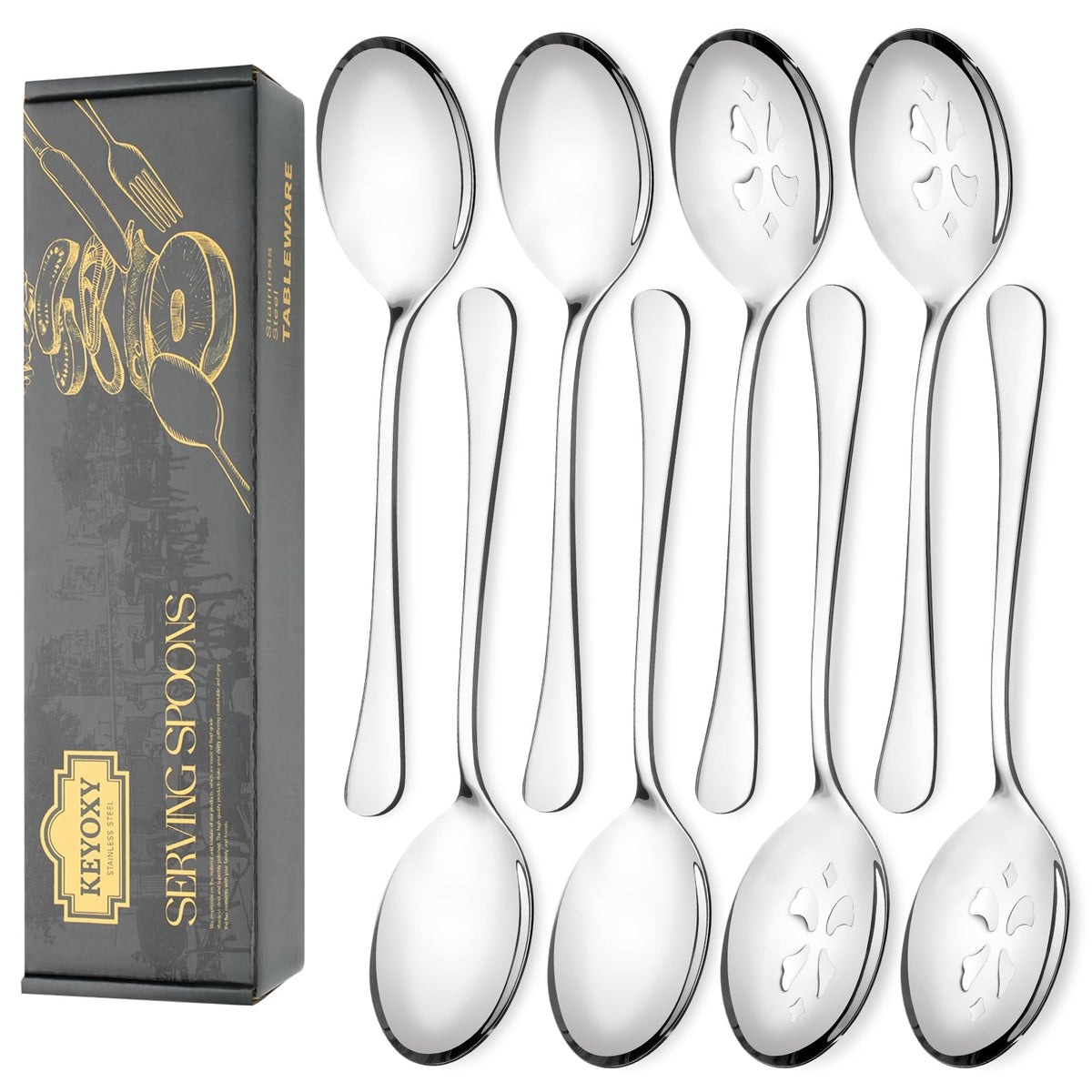 Keyoxy 8 Piece Stainless Steel Serving Spoon Set - 4 Large, 4 Slotted,Dishwasher Safe,10-Inch, for Parties/Kitchen/Buffet/Catering