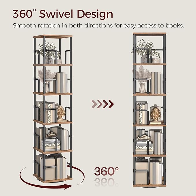 MAHANCRIS 5-Tier Rotating Bookshelf, Freestanding Corner Bookshelf, 360°