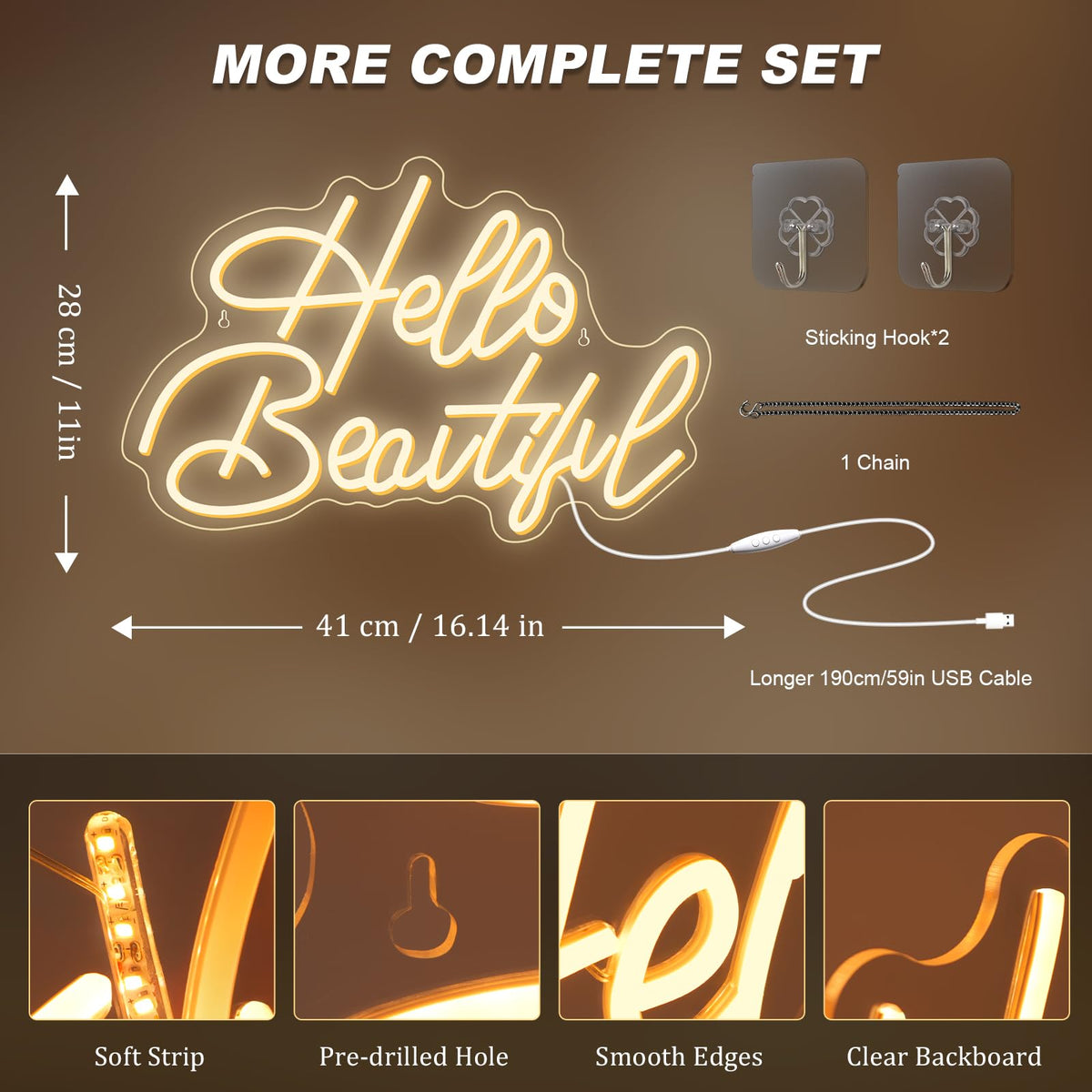 LooKLight Hello Beautiul Neon Sign,Warm White Neon Light Sign,Letters Wedding Neon Signs for Wall Decor,USB Powered Led Light Up Signs For Wedding Party Bedroom Birthday Beauty Salon