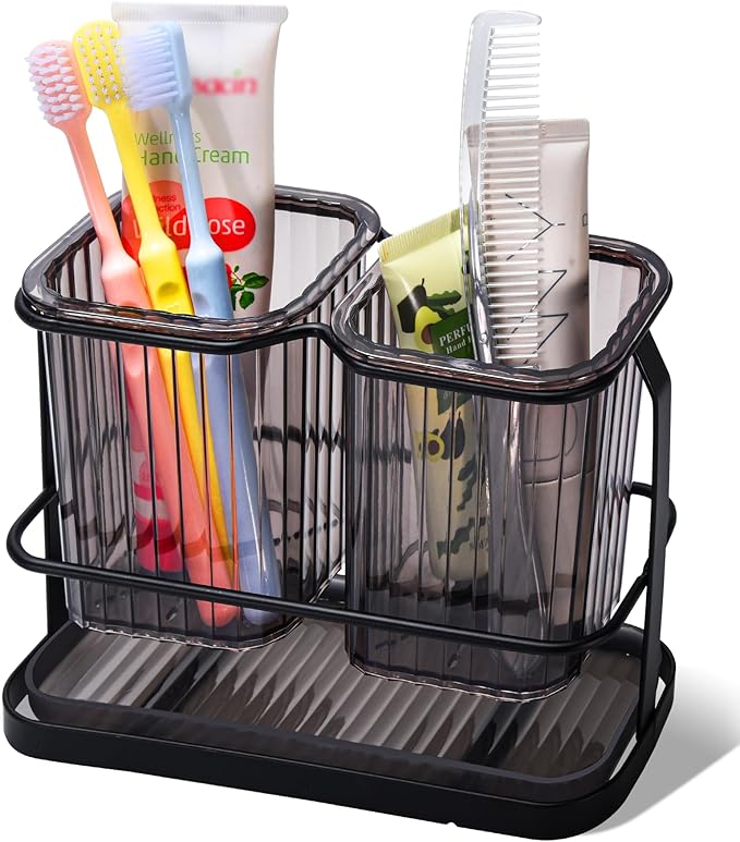 KONE Black Toothbrush Holders for Bathrooms, 2 Cups Toothbrush Holders Wall