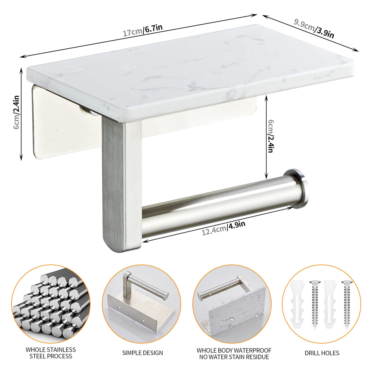 Brushed Nickel Toilet Paper Holder with Shelf, 304 Stainless Steel Screw Wall Mounted, Marble Tissue Roll Holder with Storage