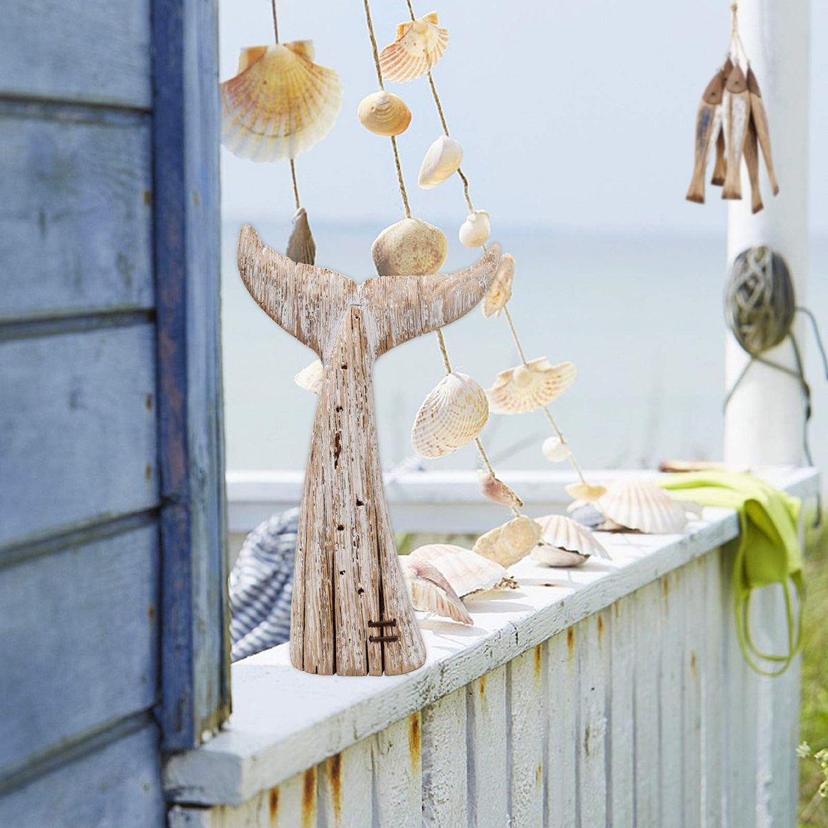 E-view Wood Whale Statue Wooden Nautical Decor for Home - Antique Fish Figures Decoration Animal Statues Beach Themed Wall Art (Whale Tail Figurine)