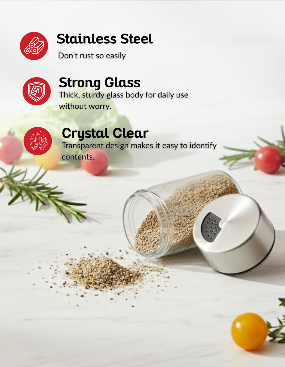 Stainless Steel Salt and Pepper Shaker with Adjustable Sprinkler Lid, Precision-Crafted Glass Salt Dispenser for Kosher Salt, Pepper, Kitchen Spices, Herbs, Coffee, Protein Powder and Baking
