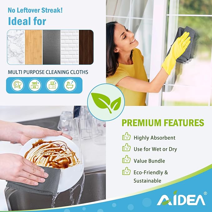 AIDEA Microfiber Cleaning Cloth Grey 50PK, Microfiber Towels