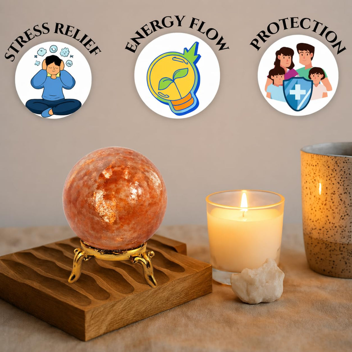 GEMSCITE Natural Sunstone 50-55 mm Gemstone Ball Sphere with Stand Hand Carved Crystal Altar Healing Devotional Focus Spiritual Chakra Cleansing Metaphysical Gift for Men Women from India