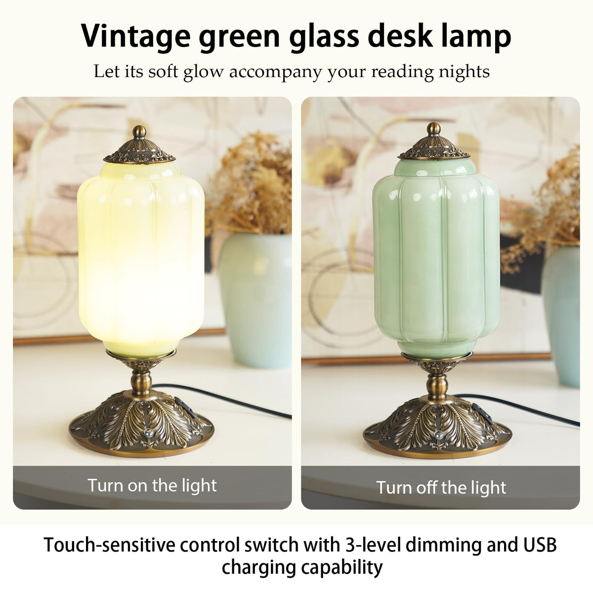 Milk Glass Touch Table Lamp, Elegant Green Jadeite Glass Bedside Desk Lamp 3 Way Dimmable with USB C+A Charging Ports - Bedroom Nightstand & Living Room Essential, 4W Bulb Included (Green, 6.5)