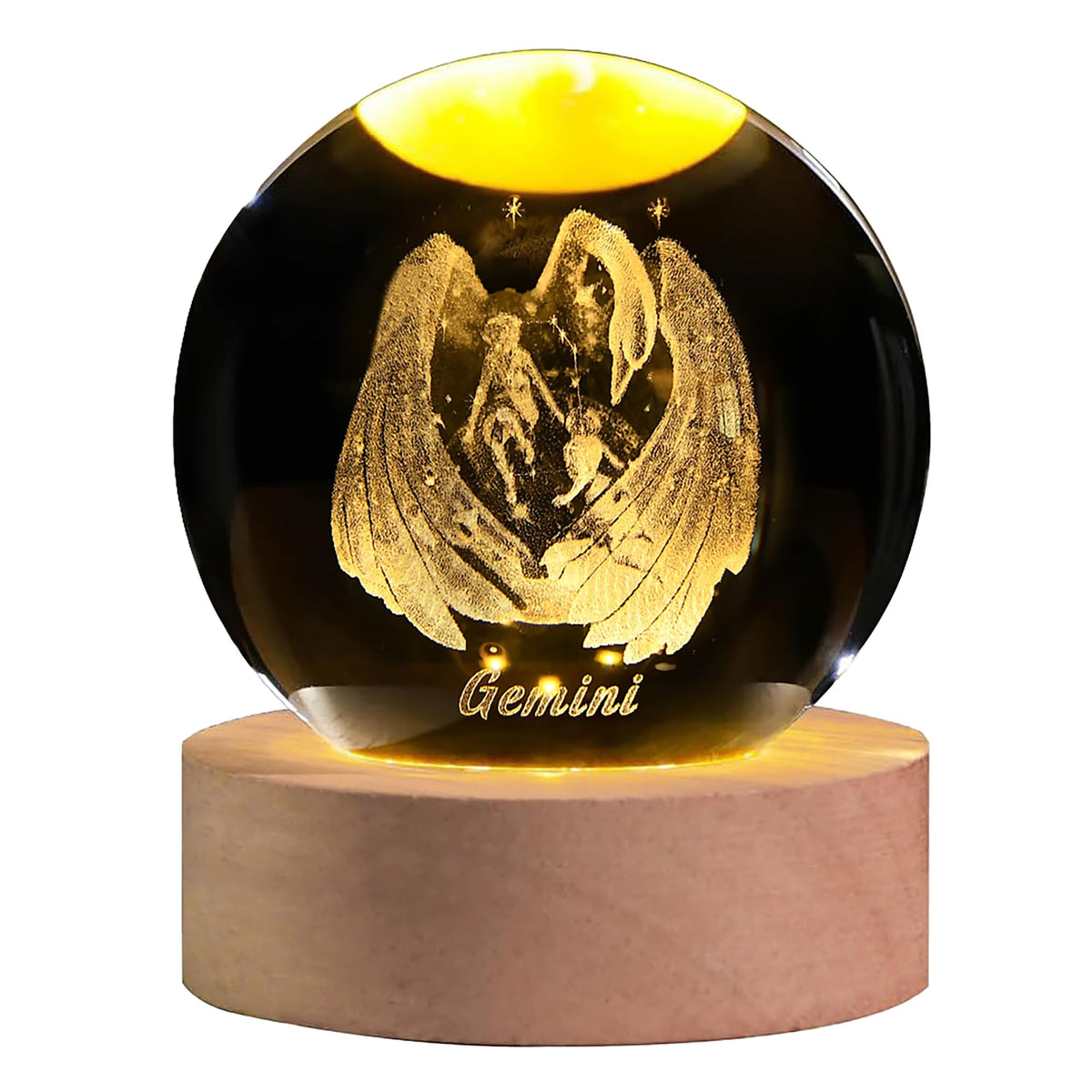 QIANCHANG 3D Laser Etched Gemini Crystal Ball with LED Light Stand, Constellation Decor Glass Sphere Lamp, Zodiac Astrology Birthday Gifts for Women Kids