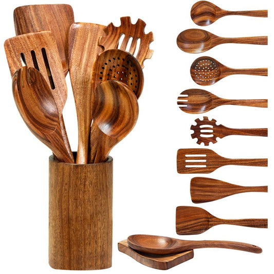 Vorisebo Wooden Spoons for Cooking, Natural Teak Wooden Utensils Set, 10 Piece Handmade Wood Kitchen Utensil Set with Holder and Spoon, Durable Nonstick Kitchen Cookware Tool