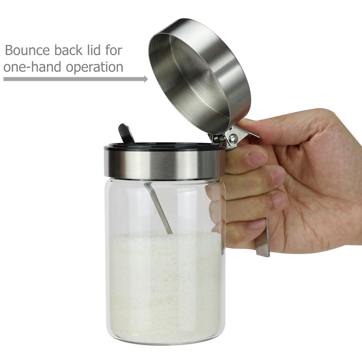 EIKS Glass Condiment Jars with Stainless Steel Lids and Spoons for Serving & Storing Sugar Spice Salt Seasoning in Home Kitchen Coffee Bar Restaurant, Container Capacity 450ml/14.5oz