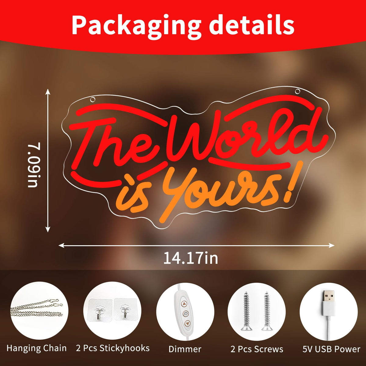 The World is Yours Neon Sign, Dimmable LED Neon Signs for Wall Decor, USB Powered Neon Light Sign Wall Art for Bedroom Christmas Party Classroom, Postive Aesthetic Decoration 14.17 x 7.09"