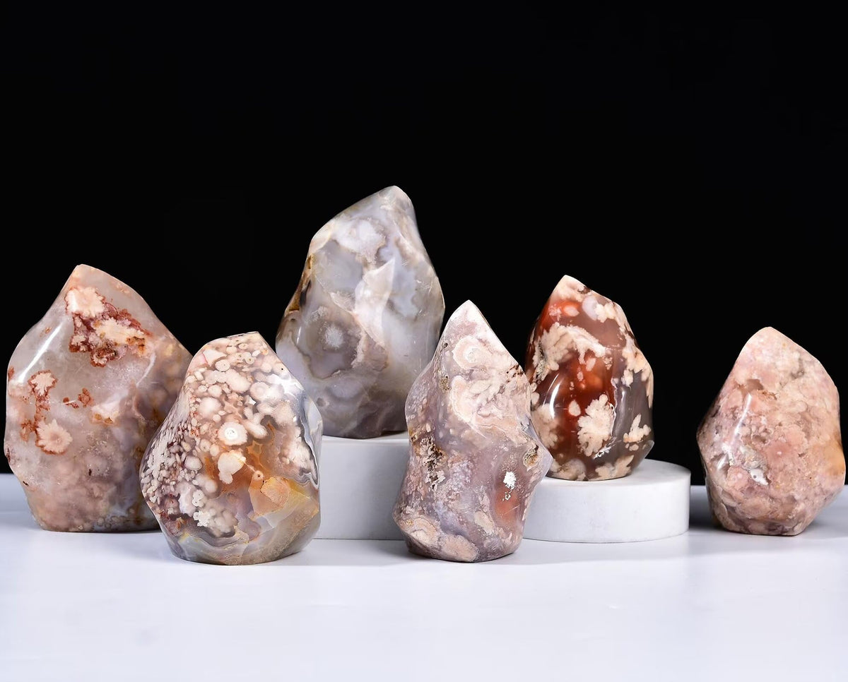 AMOYSTONE Cherry Blossom Agate Flame Shaped Stone Towers Obelisk Flower Agate Natural Healing Crystal Quartz Reiki Energy Decoration Home Office 1.0-1.5LBS
