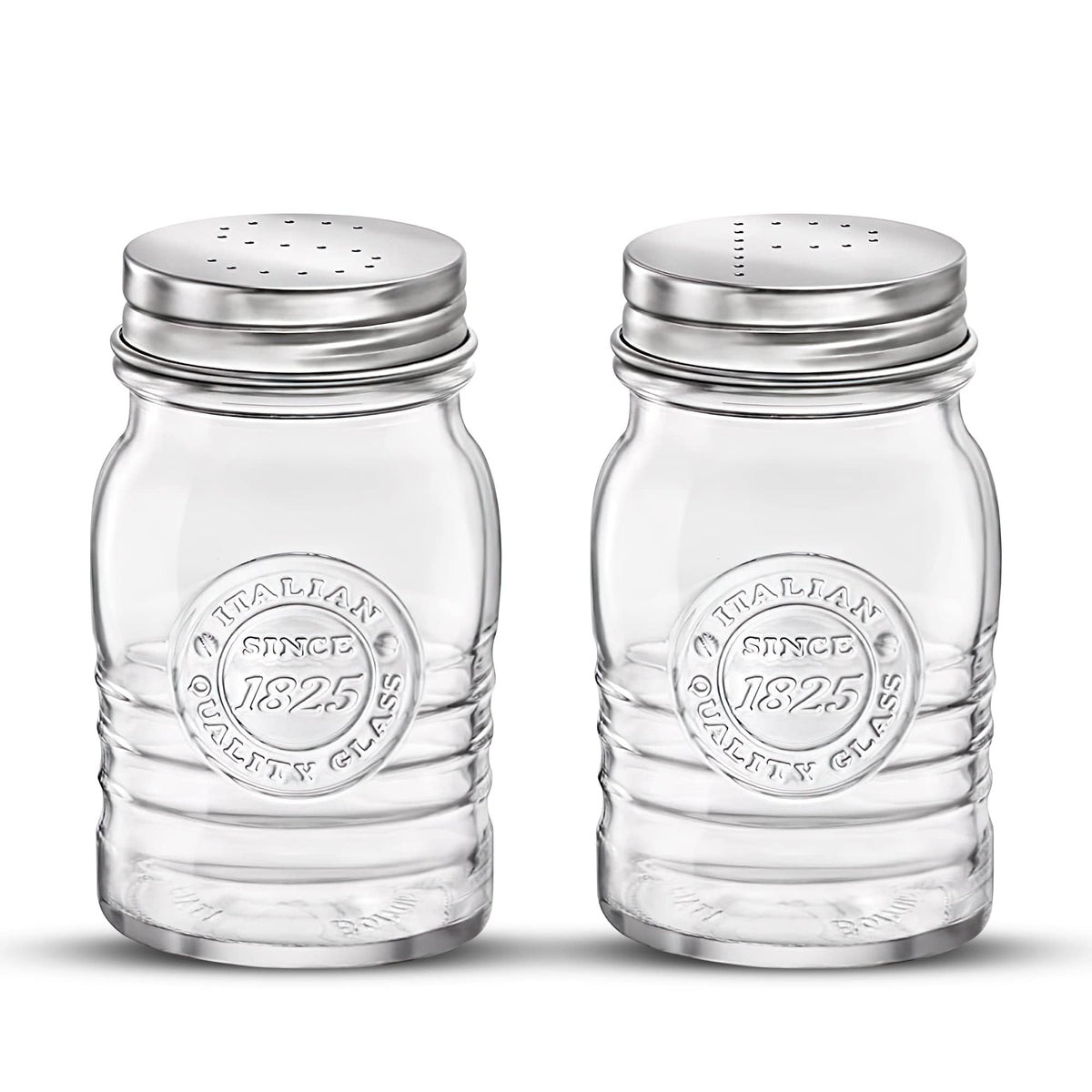 Bormioli Rocco Officina 1825 Salt & Pepper Jars Set of 2-8 Oz. Ribbed Glass Containers with Airtight Metal Lids for Seasoning, Cooking & Dining Table Use - Italian Glass Storage Design