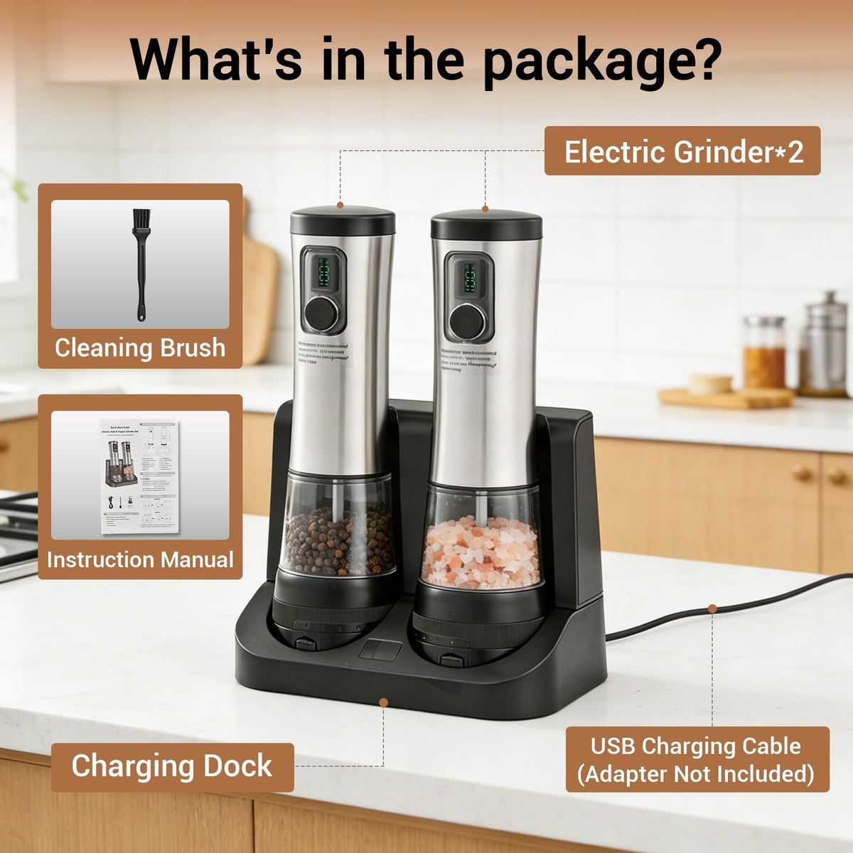 Electric Salt and Pepper Grinder Set with Rechargeable Base，Stainless Steel Automatic Refillable Electric Salt and Pepper Shakers，Large Capacity, 2-Speed Setting, LED & Adjustable Coarseness, Black