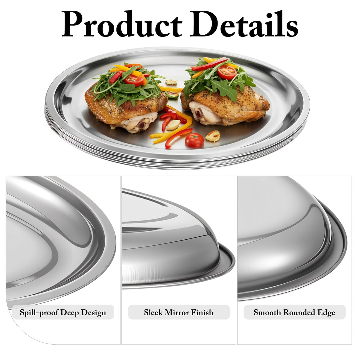 Meyeyaia 6 Pack Stainless Steel Oval Platter, Mirror Polish Large Sizzle Platter Metal Serving Tray Fish Plates, Heavy Duty Silver Tray for Steaming Fish Dessert Meat Sushi (13.7" x 8.5")