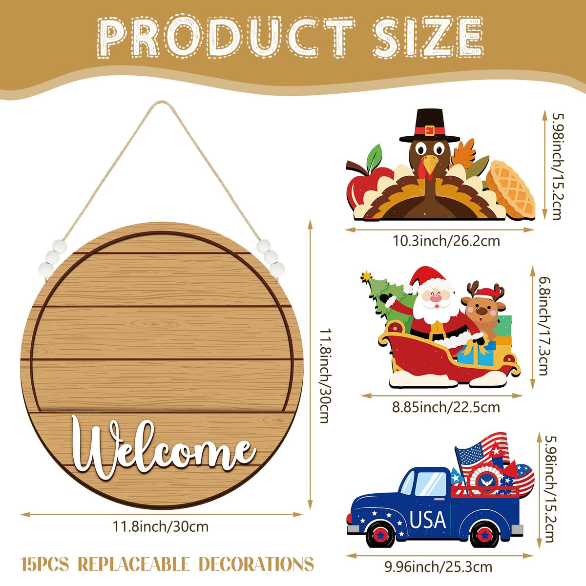Sintuff 16 Pcs 12 Inch Interchangeable Welcome Sign for Front Door Wood Seasonal Magnetic Icon Holiday Wreath Decor Rustic Hanging Sign for Patriotic Summer Home Warming Gift(White Word, Wood Back)