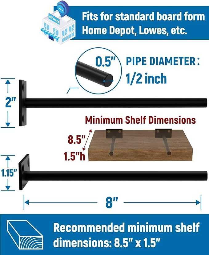 LEOPO Black 8-Pack 8 inch Floating Shelf Brackets, Hidden Shelf Bracket