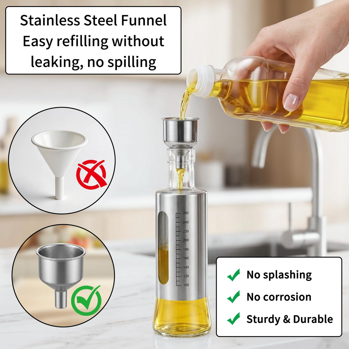 LIONTOTO Olive Oil Dispenser for Kitchen, 4 Pack 10oz/300 ML Cooking Oil and Vinegar Dispenser Set with 20 Labels Stainless Steel Funnel, Olive Oil Bottle, Soy Sauce Dispenser, Coffee Syrup Bottles