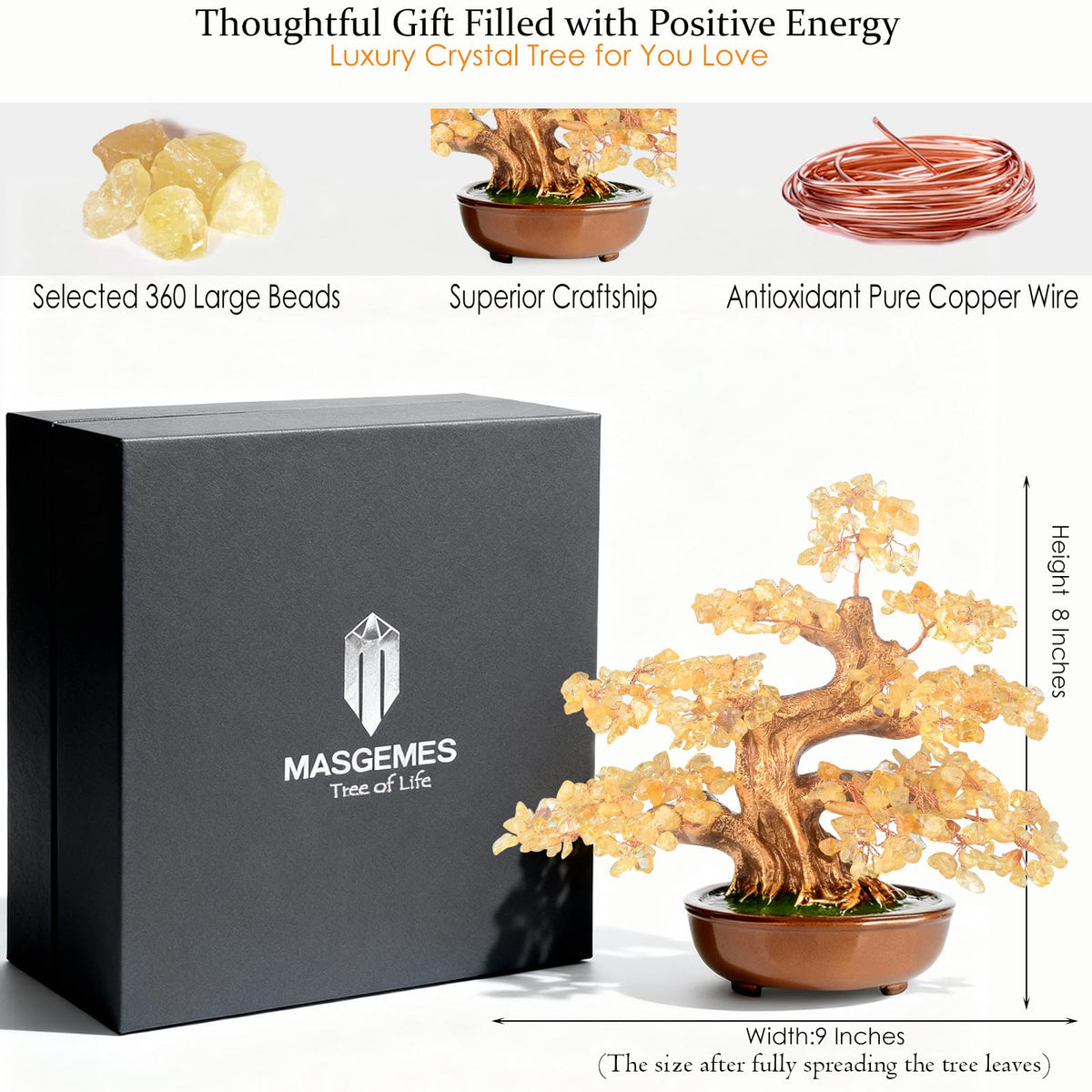 MASGEMES Citrine Chakra Tree Bonsai – Handmade Crystal Tree of Life with Natural Gemstones(360 Large Beads),Healing Crystal Office Decor for Good Luck & Positive Energy 8"