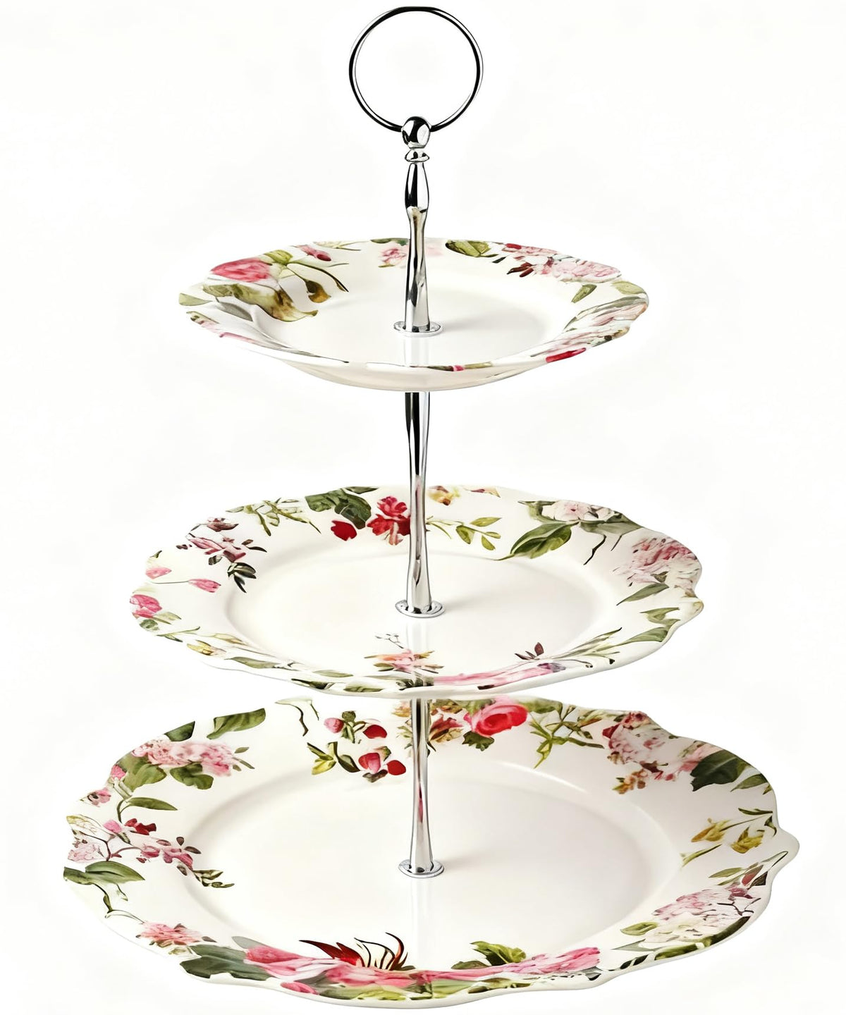 3-Tier 13.5 Inches Big Round White Porcelain Cakes Fruit Stand Plates, Cupcakes Serving Display Set, Ceramic Pastry Dessert Appetizer Candy Buffet Tray Towers Platter for Wedding Home Party - Flowers