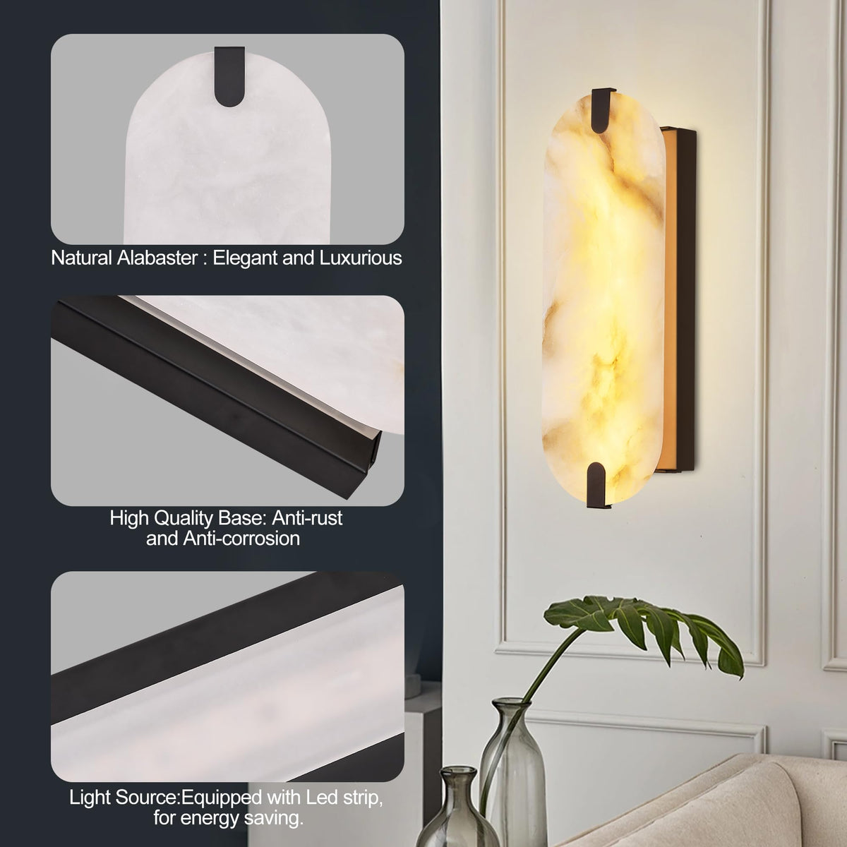 DLUCE 14.17in Alabaster Wall Sconces, Natural Marble Wall Light, Modern LED Alabaster Sconces for Living Room Indoor Wall Lamps for Dining Room Stairs Bedroom,Black