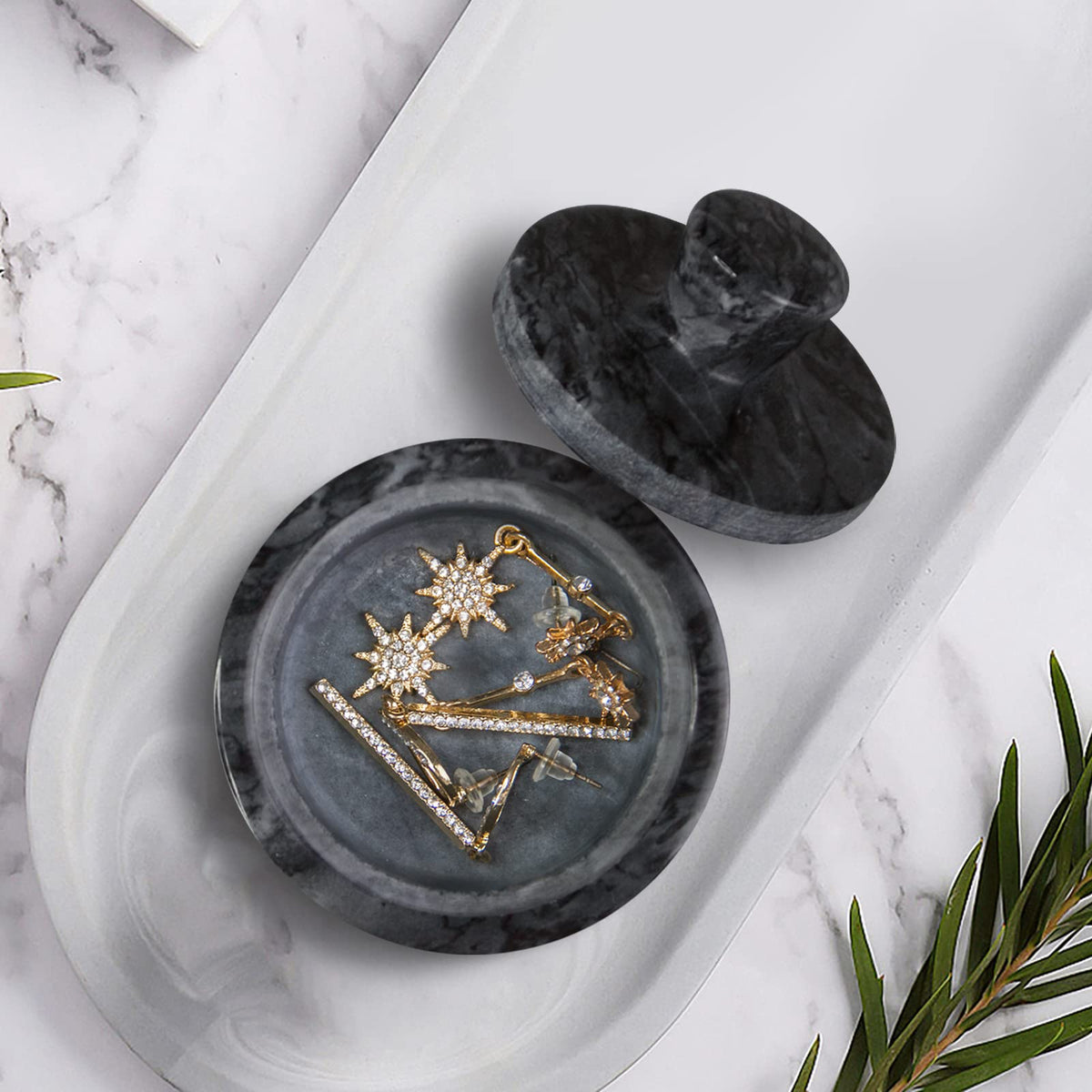 HESHIBI Marble Salt Cellar with Lid, Salt and Pepper Bowls Box Container, Salt Jar with Lid for Kitchen and Bathroom(Black)