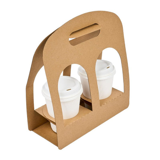 Restaurantware Bio Tek Drink Carriers 100 Disposable Cup Carriers With Handles - Holds 2 Cups For Delivery Or To Go Kraft Paper Drink Holders Built-In Handle Fits Multiple Beverages