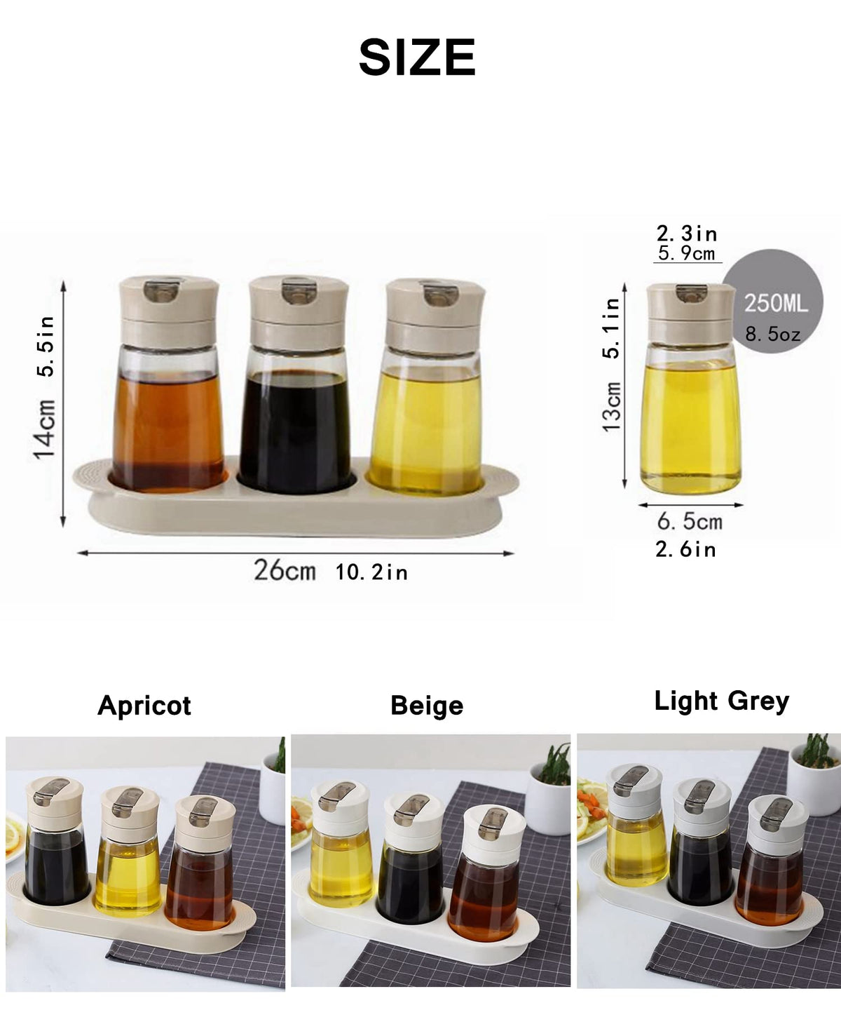 TIAN CHEN Soy Sauce Dispenser Set, Auto Flip Cap Vinegar Bottles, 3 in 1 Leakproof Glass Cooking Oil Container with Base Small(8.5OZ, Apricot)