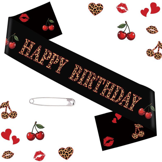 OWWOPATS Cheetah Cherry Happy Birthday Sash, Leopard Satin Sash Birthday Decorations Red and Black Party Decorations for Women and Girls