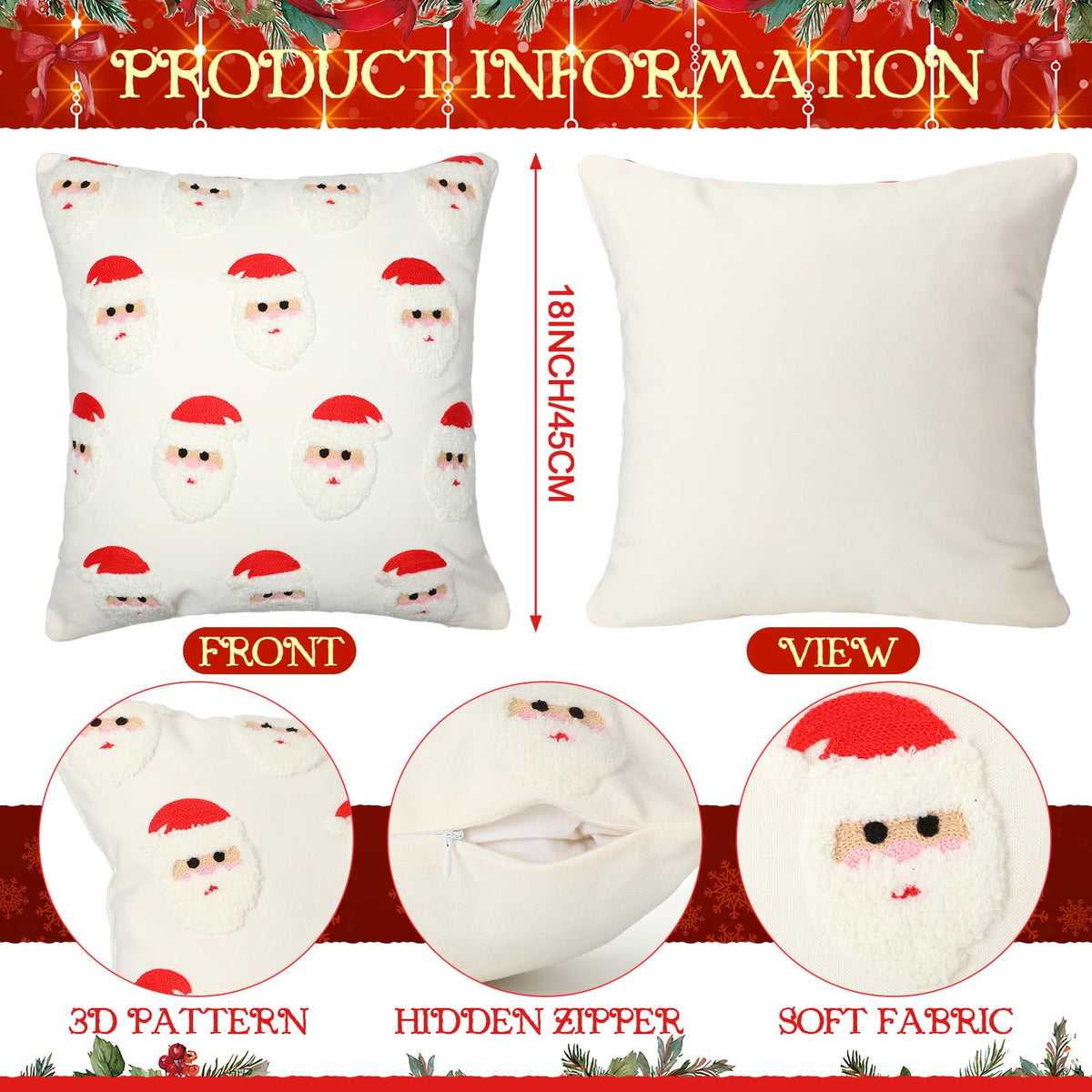 Hahafelt 2 Pcs Christmas Throw Pillow Covers 18x18 Inch Santa Claus Christmas Decorative Square Pillowcases Embroidery Cushion Covers Soft Plush Faux Fur Wool Decor for Winter Sofa Living Room