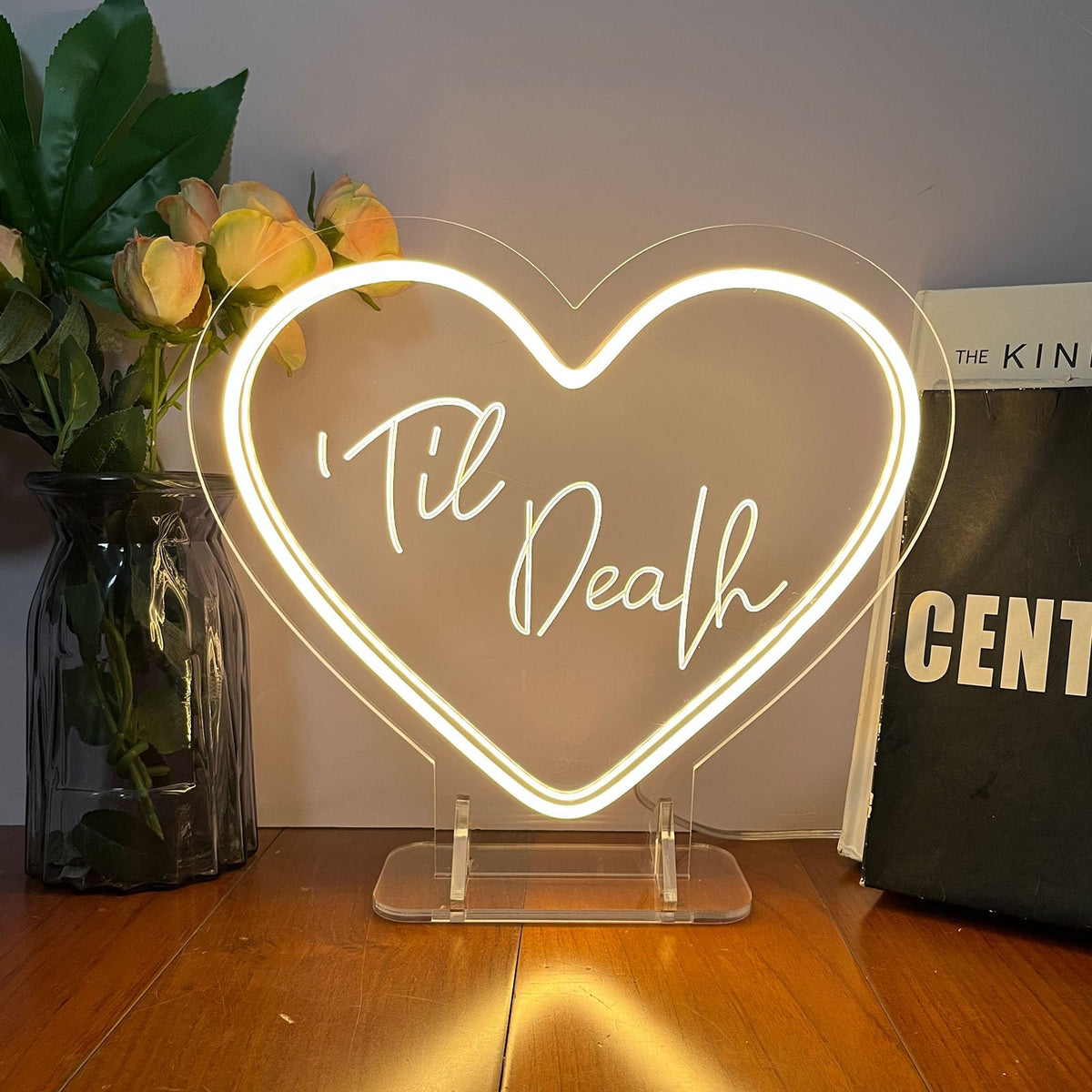 Til Death Neon Sign Desk Lamp for Wall Decor Night Light Wedding Letter LED Neon Sign Wedding Table Decorations Neon Light Bedroom Home Room Decor Christmas Party Warm White USB 30×26CM