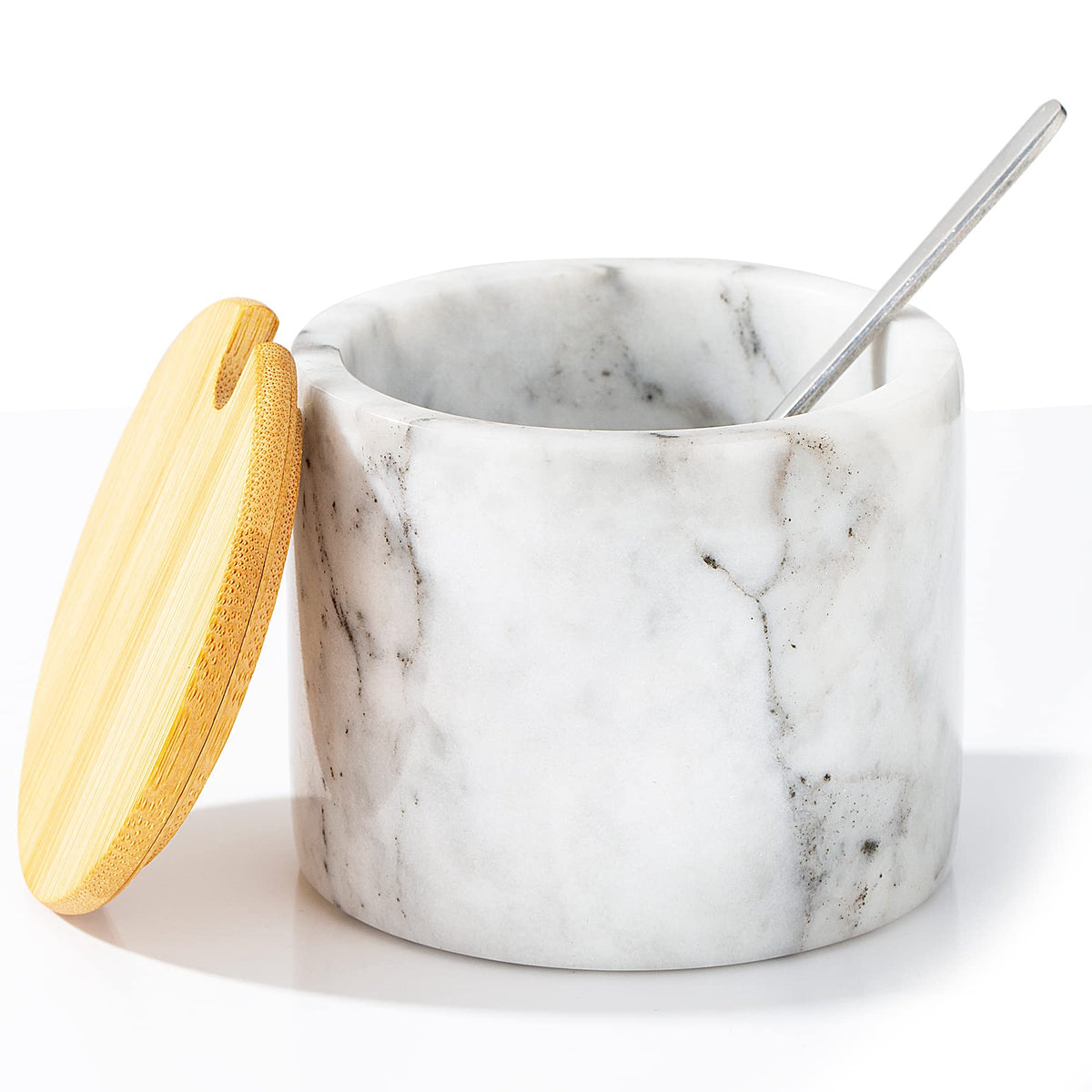 NHKRTE Marble Salt Cellar with Lid & Spoon, 11oz Salt and Pepper bowls, Handcrafted from Natural Marble, Smooth Inside (White)